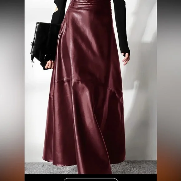 Temu Burgundy, 3XL Flared A-line Faux Leather Solid Color Skirt, NWOT - Picture 5 of 7